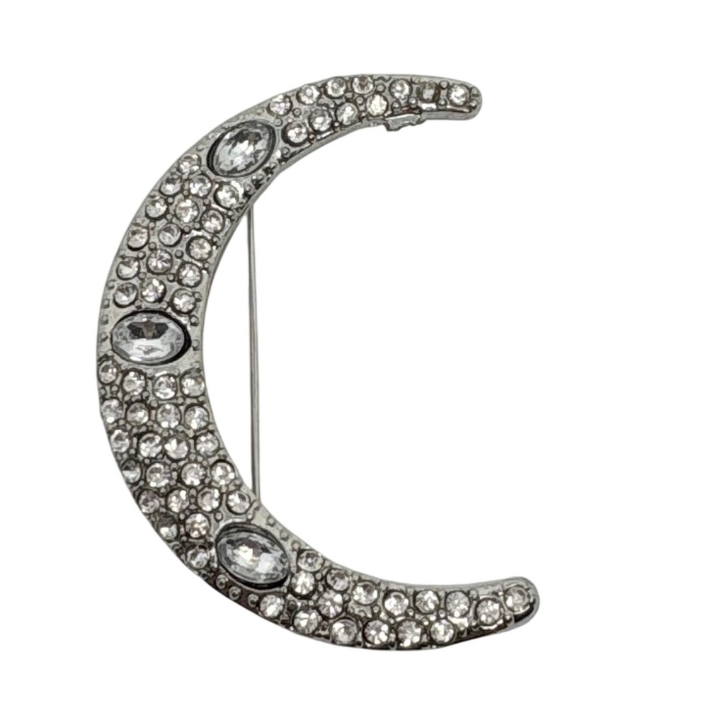 Crescent Moon Brooch Pavé Clear Rhinestone Celestial‎ Pin 2 Inch Silver Tone